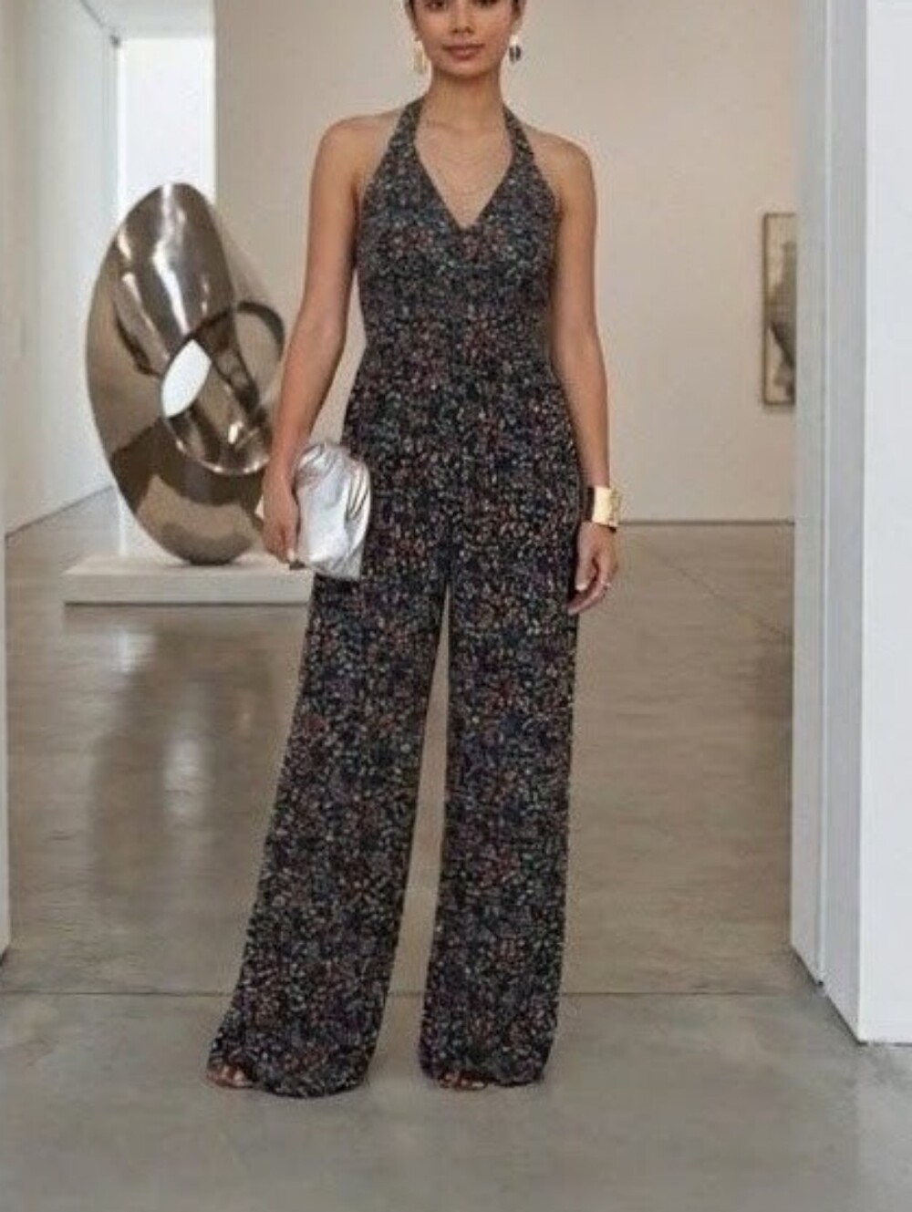 ​Mi Ami Boho Floral V-Neck Halter Wide-Leg Versatile Jumpsuit Summer Wear Size M